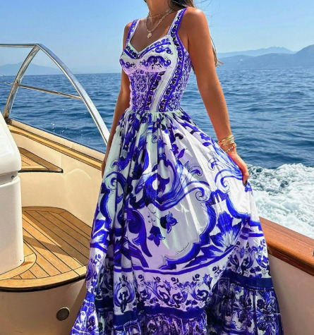JAMERARY Summer Blue And White Porcelain Flower Printing Cotton Long Dress Women Straps Zipper Elastic Backless Midi Vestidos250222