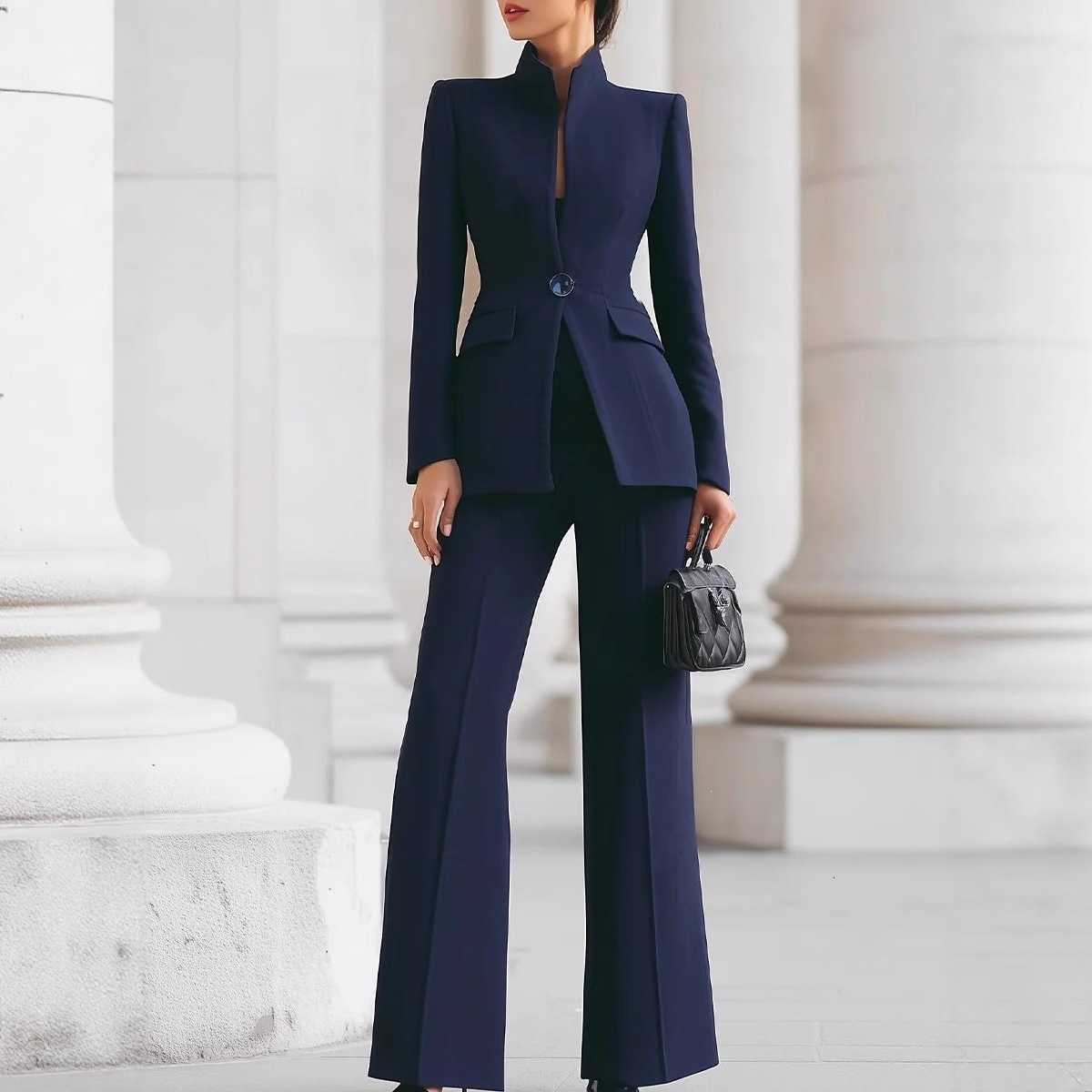 Elegant White Slim Womens Two Pieces Suit Set One Button Jacket Long Straight Pants Sets Office Banquet Wedding Female ClothingT260520