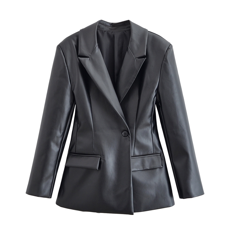 Free High Street Women's PU Faux Leather Blazer Sexy Notch Lapel Long Sleeve Single Button Slim Halter 210524