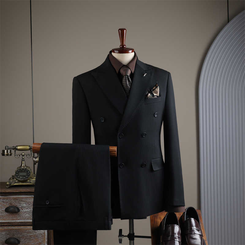 Black Men's Three Breasted Suits 2-piece Set Satin Peaked Lapel Blazer+Satin-trimmed Pants Formal Wedding Evening Party OutfitT260903 - view 3