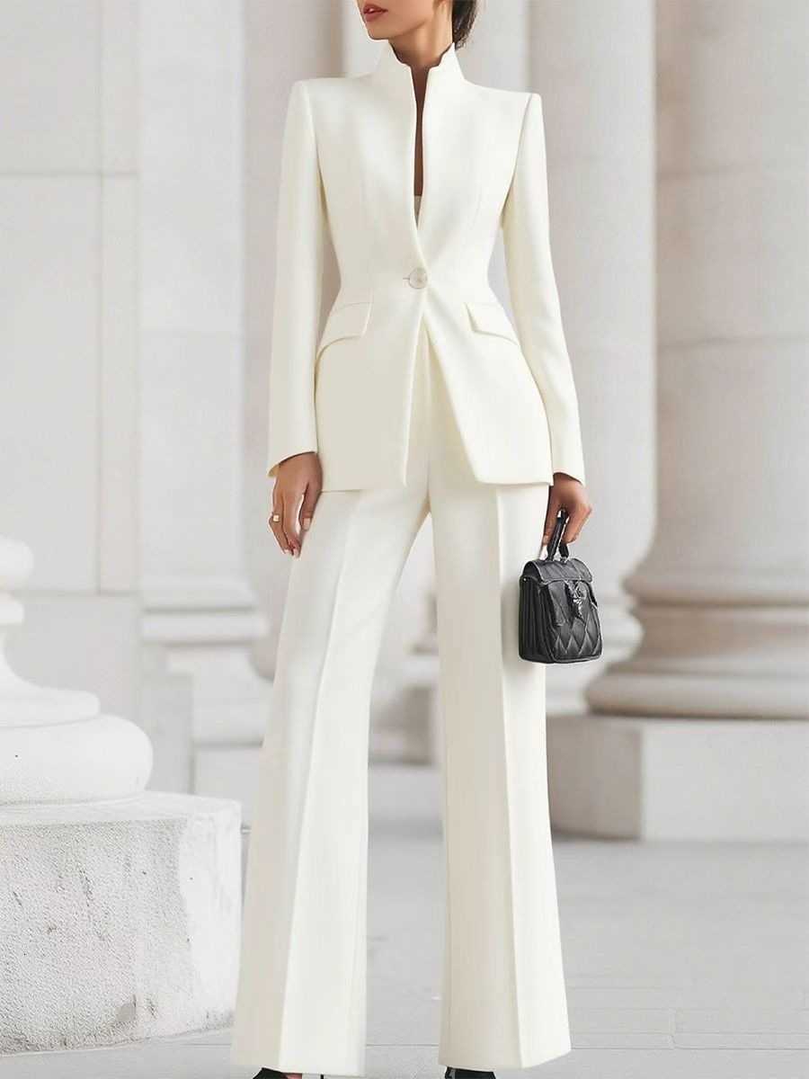 Elegant White Slim Womens Two Pieces Suit Set One Button Jacket Long Straight Pants Sets Office Banquet Wedding Female ClothingT260520 - view 7