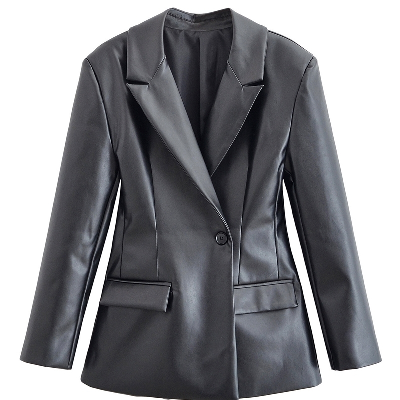 Free High Street Women's PU Faux Leather Blazer Sexy Notch Lapel Long Sleeve Single Button Slim Halter 210524 - view 4