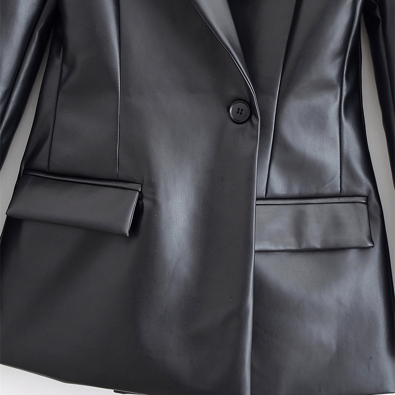 Free High Street Women's PU Faux Leather Blazer Sexy Notch Lapel Long Sleeve Single Button Slim Halter 210524 - view 6