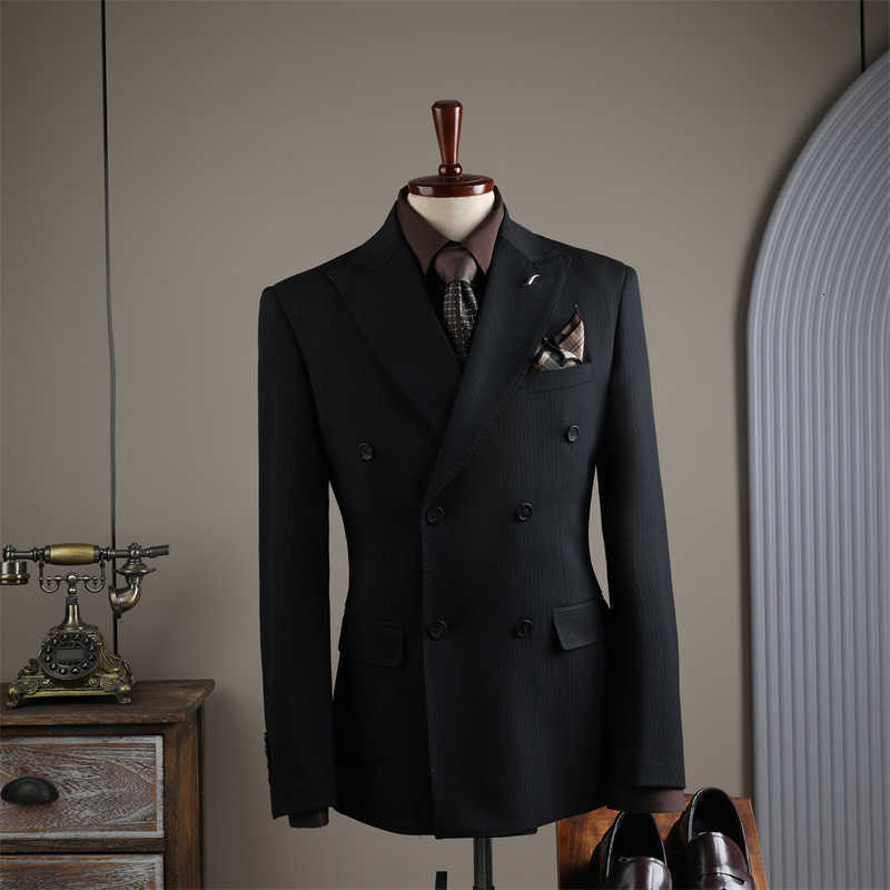 Black Men's Three Breasted Suits 2-piece Set Satin Peaked Lapel Blazer+Satin-trimmed Pants Formal Wedding Evening Party OutfitT260903