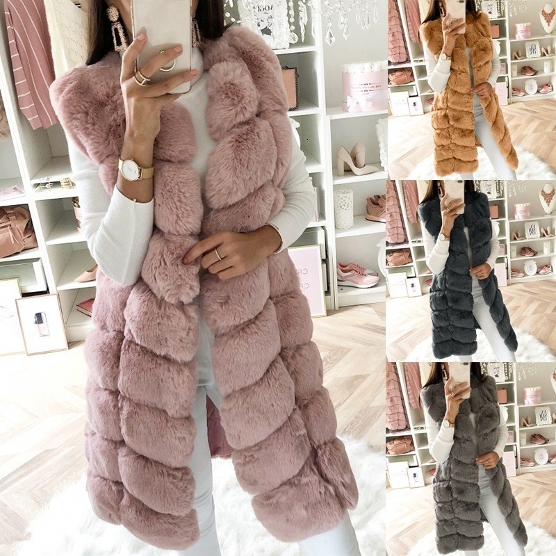 Womens Fur Vest Ladies Elegant Faux Fur Long Winter Jackets Coat Black Sleeveless Waistcoat Body Warmer Outwear 201031 - view 3