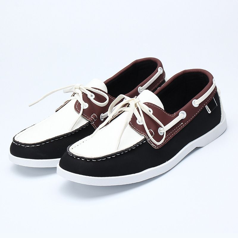 Color Block Genuine Leather Boat Shoes Hand Sewn Moc Toe Slip On Lace Up Casual Loafers For Men Outdoor Walking - view 3