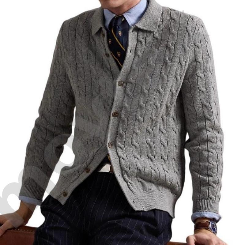 Men Classic Collared Cable Knit Cardigan Button Front Long Sleeve Knitted Sweater Jacket Loose Fit Smart Casual Knit Outerwear For Daily Business - view 3