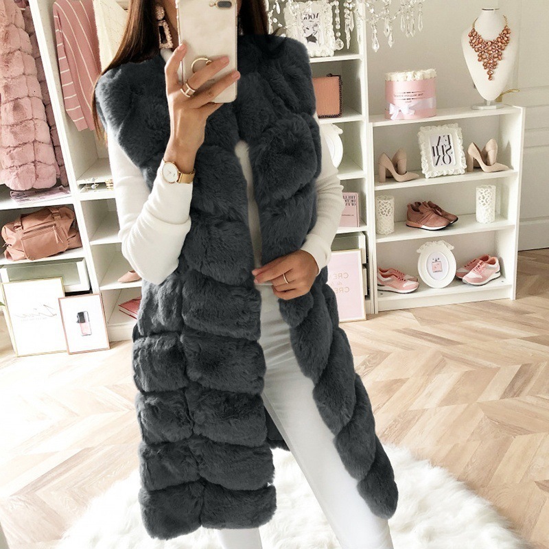 Womens Fur Vest Ladies Elegant Faux Fur Long Winter Jackets Coat Black Sleeveless Waistcoat Body Warmer Outwear 201031