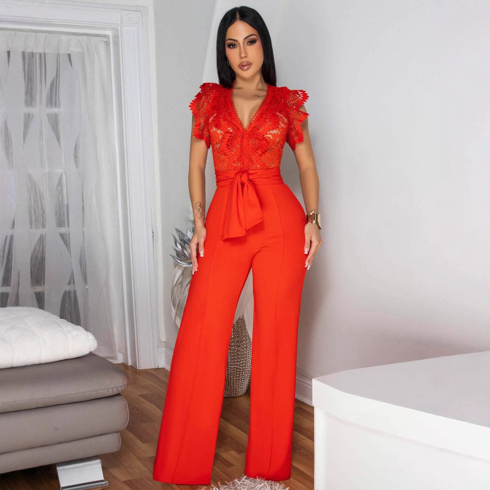 year Sexy Women Jumpsuits Lace Flower Embroidery Slim One Piece Romper Sleeveless V-neck Ruffles Birthday Wide Leg Outfits 240927 - view 4