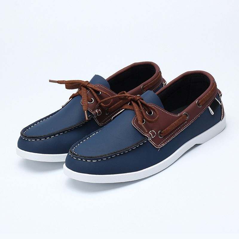 Color Block Genuine Leather Boat Shoes Hand Sewn Moc Toe Slip On Lace Up Casual Loafers For Men Outdoor Walking - view 5