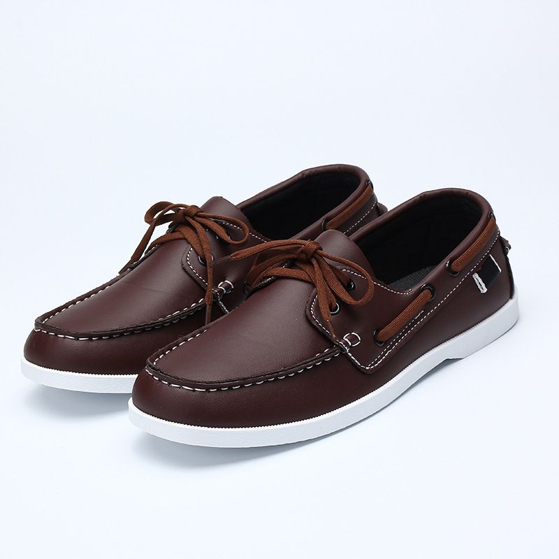 Color Block Genuine Leather Boat Shoes Hand Sewn Moc Toe Slip On Lace Up Casual Loafers For Men Outdoor Walking