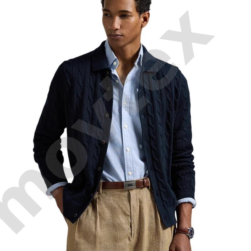Men Classic Collared Cable Knit Cardigan Button Front Long Sleeve Knitted Sweater Jacket Loose Fit Smart Casual Knit Outerwear For Daily Business