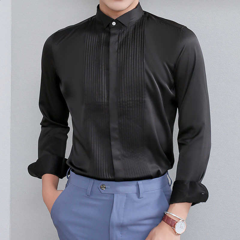 Men's Formal Dress French Cuff Shirt, Bow Tie Shirt, Wingtip Collar, Banquet Groom Groomsman Wedding Shirt L260814 - view 3