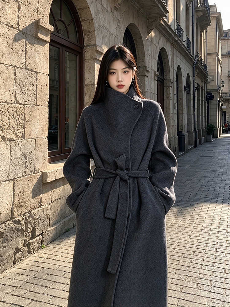 Large Lapel Vintage Tweed Long Coat Women Elegant Loose Double Breasted Belt Coats Lady 2025 Winter Classic Chic Street OvercoatT260813 - view 8