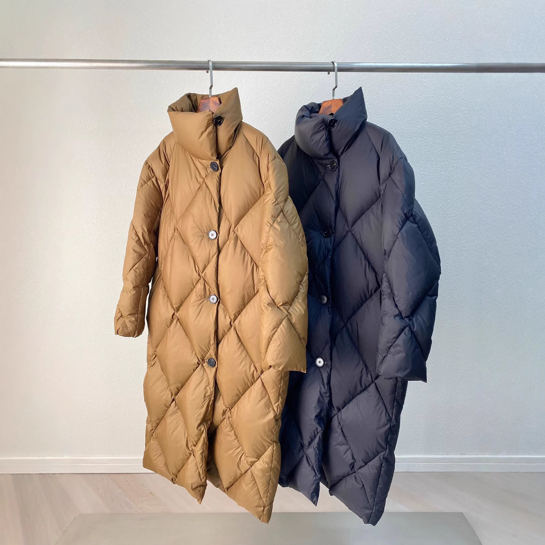 5349 Welfare Stand Collar White Duck Down Diamond Pattern n Oversized Long and Thick TwoColor Jacket 210923
