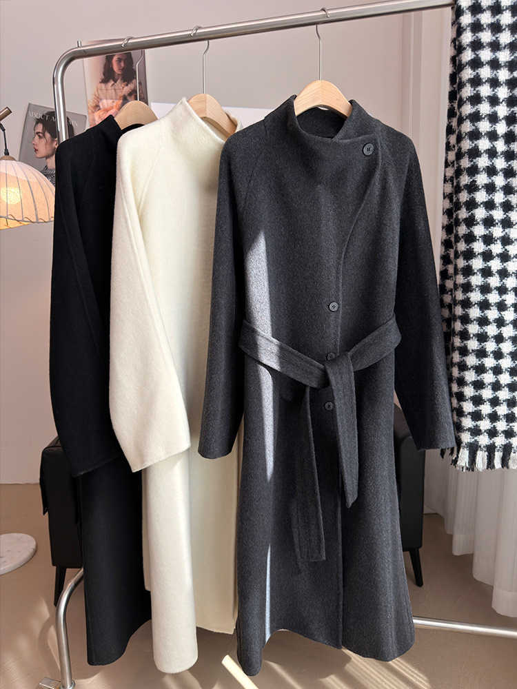 Large Lapel Vintage Tweed Long Coat Women Elegant Loose Double Breasted Belt Coats Lady 2025 Winter Classic Chic Street OvercoatT260813 - view 4