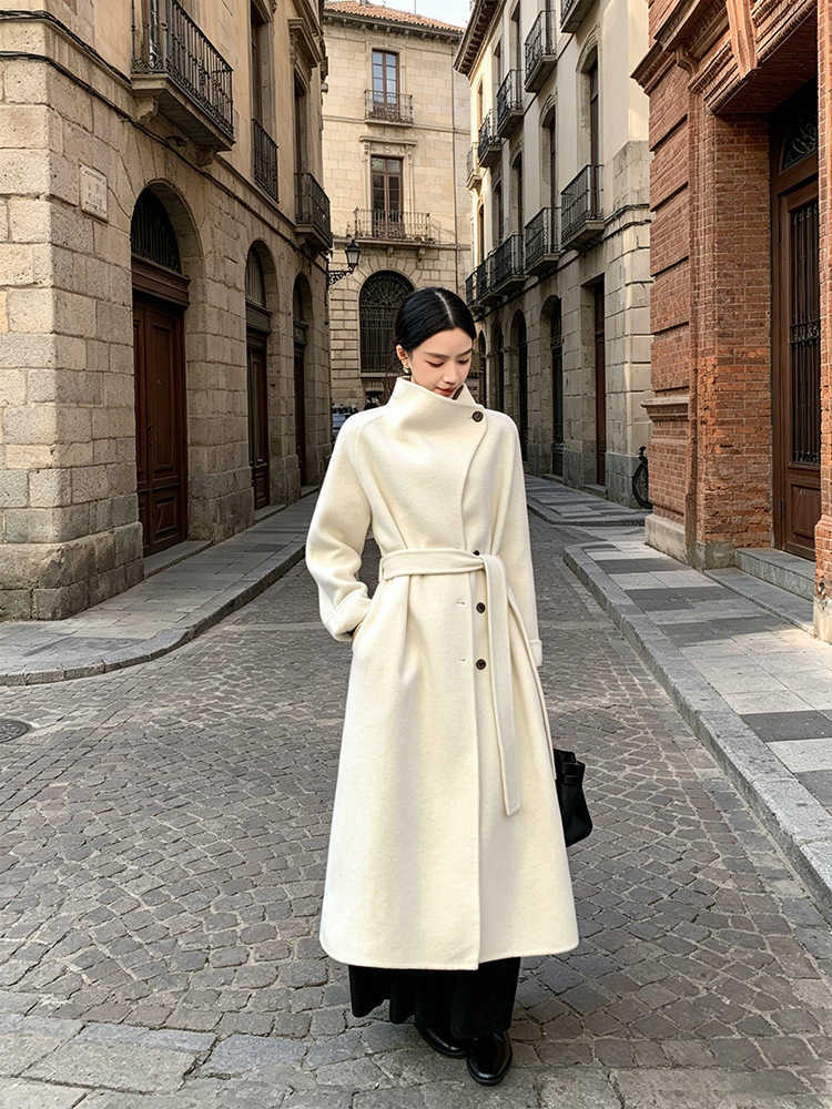 Large Lapel Vintage Tweed Long Coat Women Elegant Loose Double Breasted Belt Coats Lady 2025 Winter Classic Chic Street OvercoatT260813 - view 5