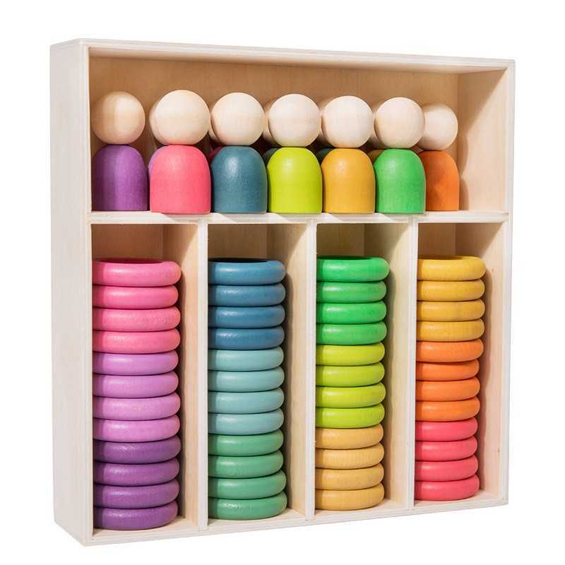 Rainbow Minion Building Blocks Solid Wood Waldorf-Style Color Matching Round Discs and Rings Children's Educational Toy Creative Figurines C26010 - view 3
