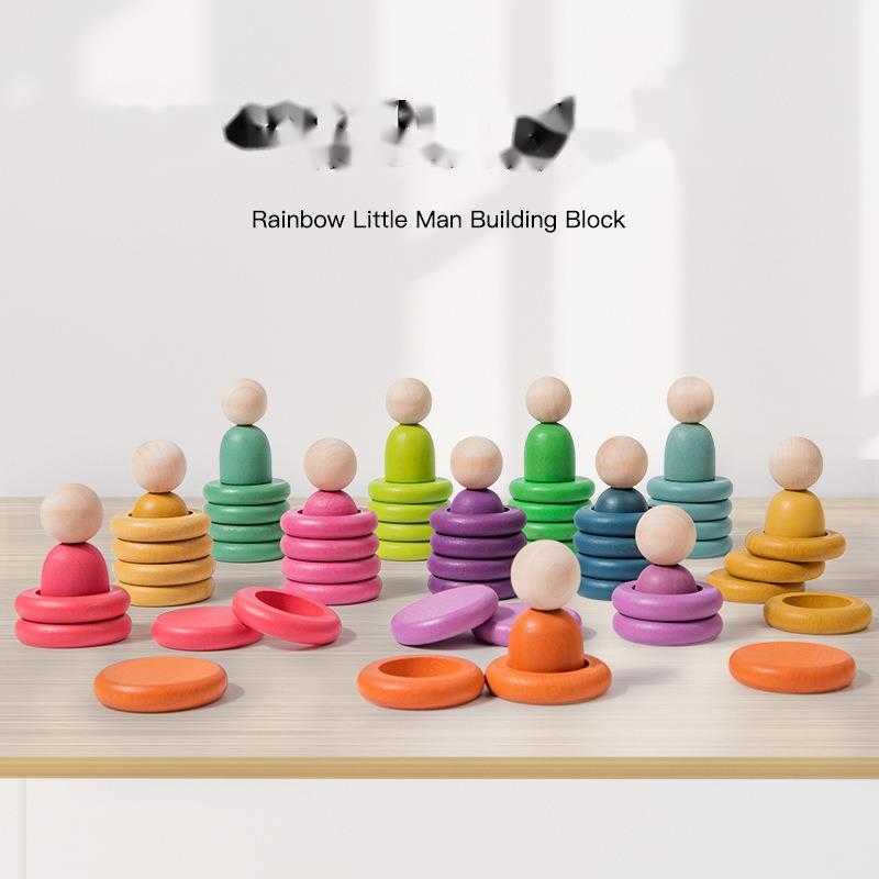 Rainbow Minion Building Blocks Solid Wood Waldorf-Style Color Matching Round Discs and Rings Children's Educational Toy Creative Figurines C26010 - view 6