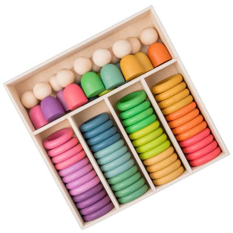 Rainbow Minion Building Blocks Solid Wood Waldorf-Style Color Matching Round Discs and Rings Children's Educational Toy Creative Figurines C26010 - view 4