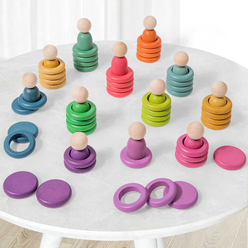 Rainbow Minion Building Blocks Solid Wood Waldorf-Style Color Matching Round Discs and Rings Children's Educational Toy Creative Figurines C26010