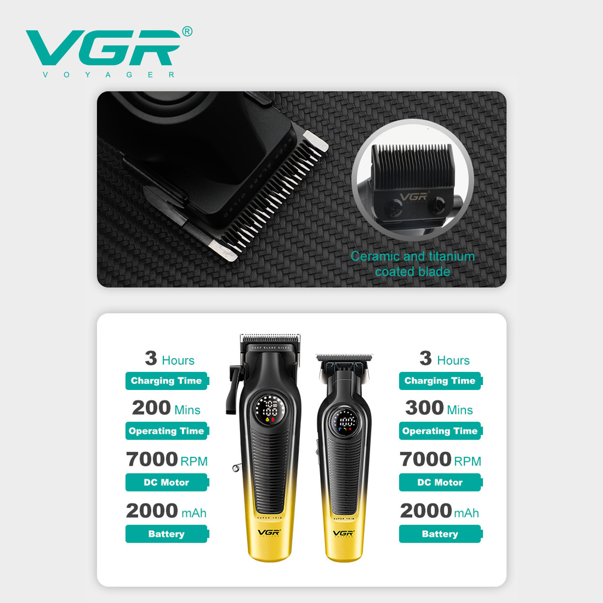 Luxury New Hair Trimmer VGR-196&996 Professional Clipper DLC LED Display Cordless USB Ceramic Men's Haircut Hair Trimmer Machine Fast Shipping Y2 - view 4