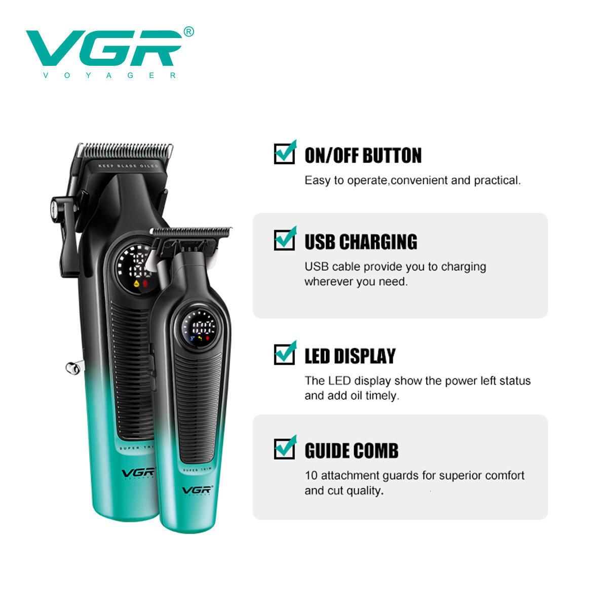 Luxury New Hair Trimmer VGR-196&996 Professional Clipper DLC LED Display Cordless USB Ceramic Men's Haircut Hair Trimmer Machine Fast Shipping Y2 - view 3