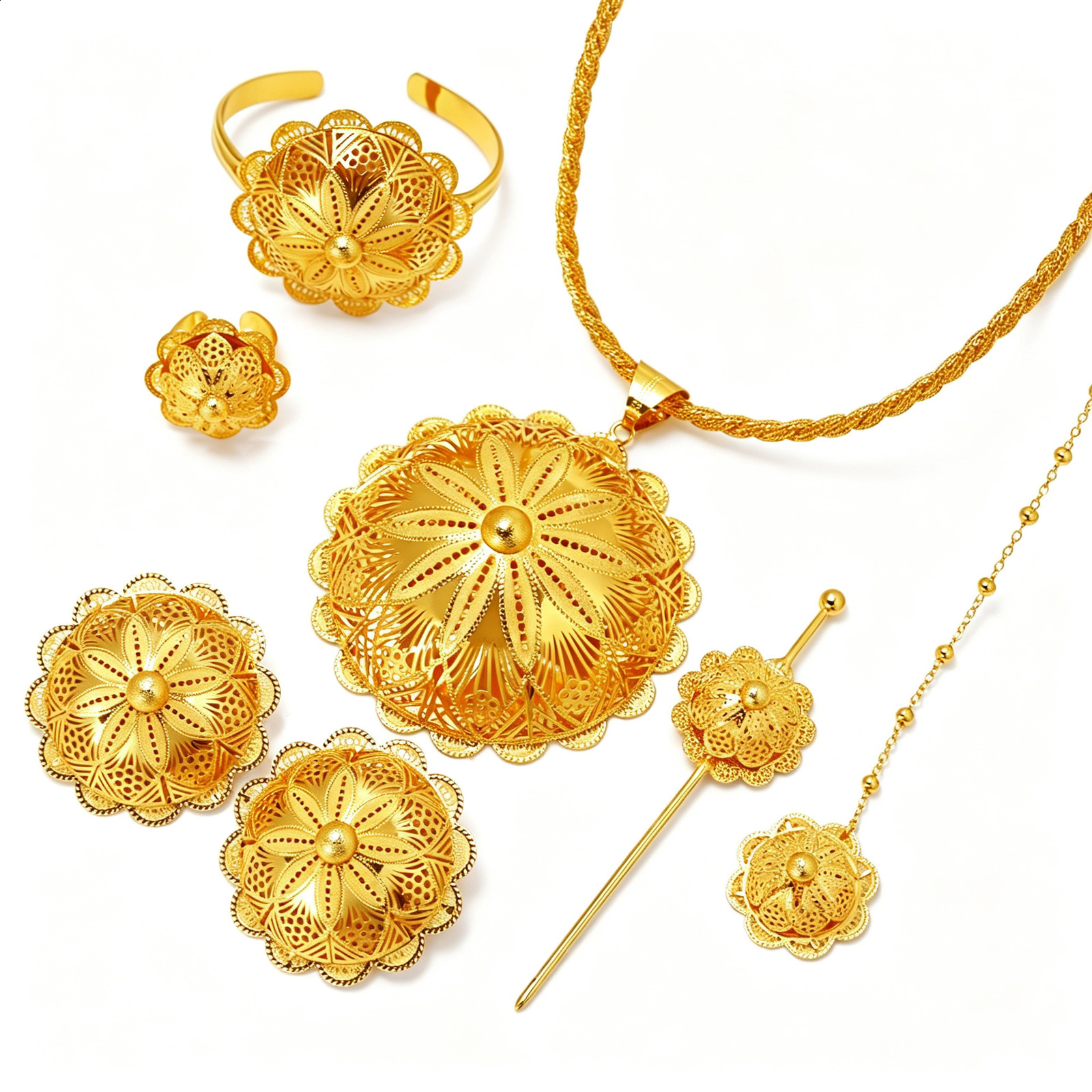 4-piece African Arab Jewelry Set Golden Color Star Pattern Pendant Ring Earring Head Chain Ethiopian Bride Wedding Gift260618BJ - view 3