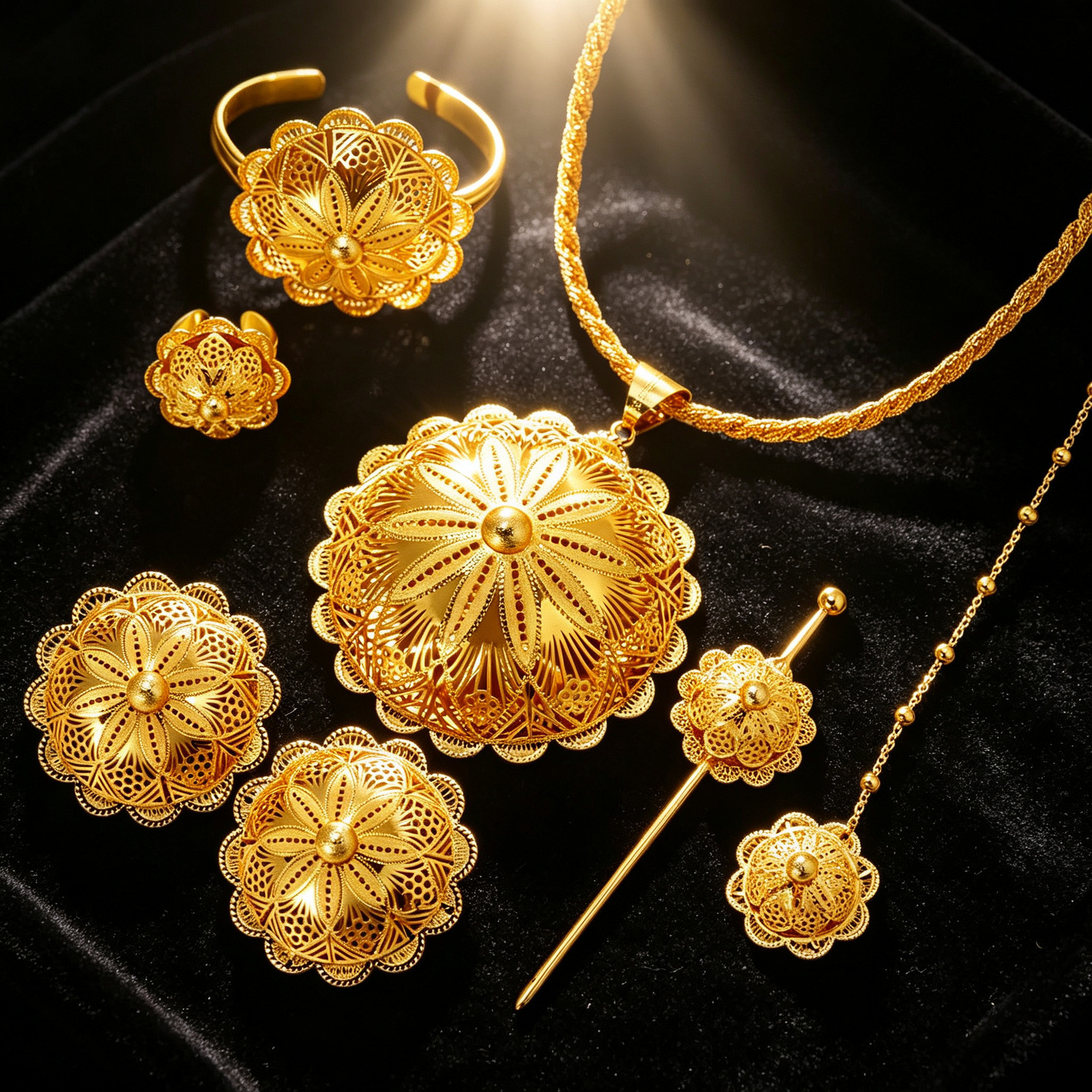 4-piece African Arab Jewelry Set Golden Color Star Pattern Pendant Ring Earring Head Chain Ethiopian Bride Wedding Gift260618BJ
