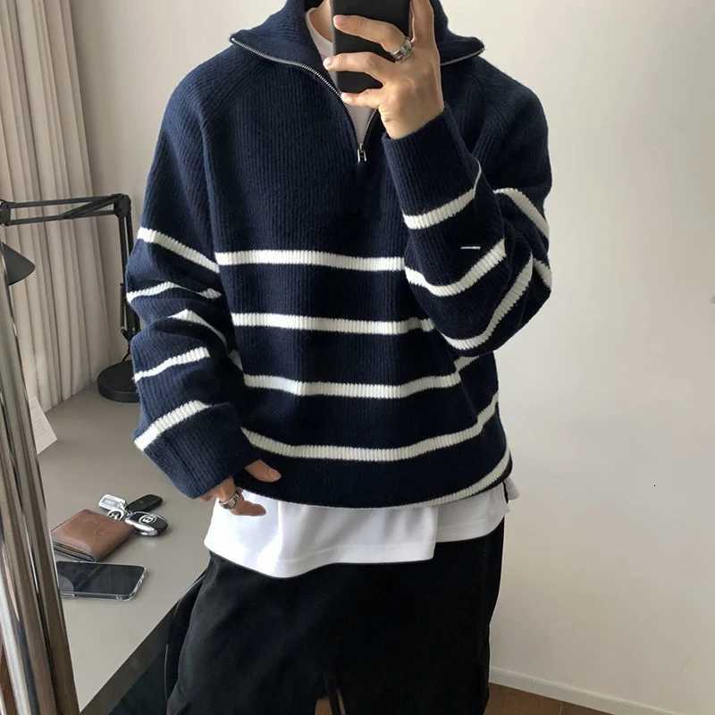 Men's Sweaters Winter Half Zipper Striped Print Men Long sleeve Stand Sweater Fashion All-match Harajuku Oversized Pullover Top Black Navy Blue H - view 1