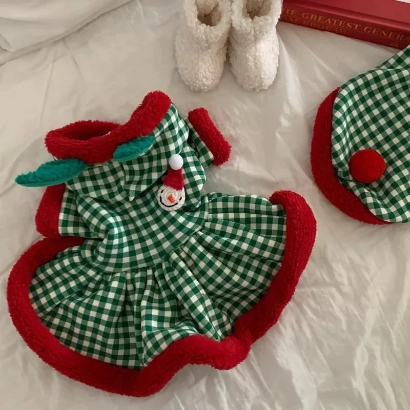 Christmas Snowman Teddy Dress Pet Warm Hoodie for Autumn and Winter Checked Clothes for Small Dogs Winter Bichon Skirt 261027 - view 1