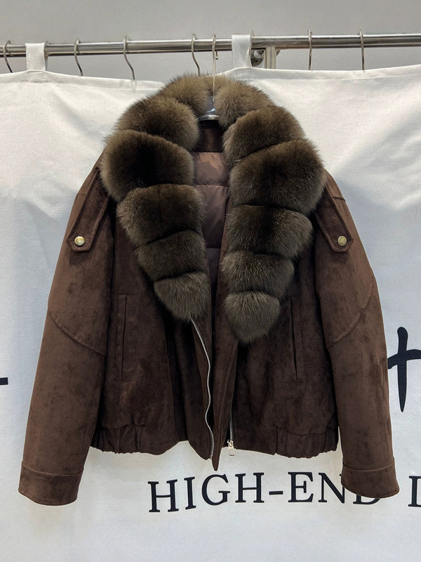 Cross-border 2026 Fall/Winter New Suede Fox Short Down Jacket with Large Fur Collar for Women, Motorcycle Trendy Coat - view 3
