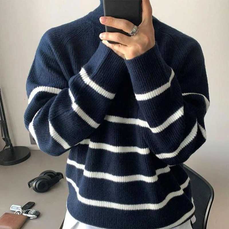 Men's Sweaters Winter Half Zipper Striped Print Men Long sleeve Stand Sweater Fashion All-match Harajuku Oversized Pullover Top Black Navy Blue H - view 4