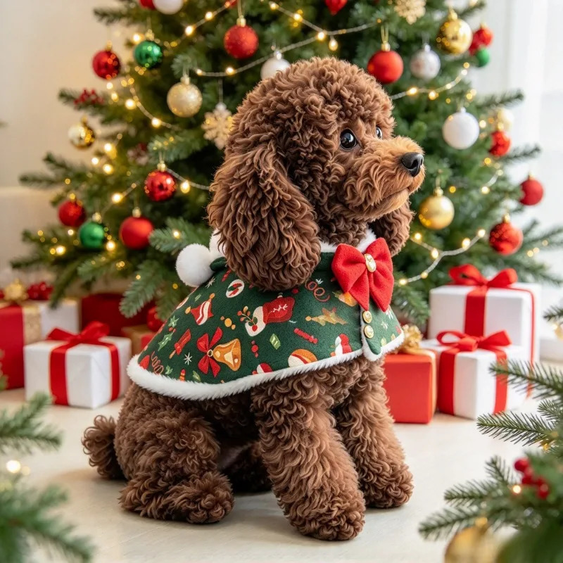 2PCS/SET Christmas Cat Dog Dress With Christmas Tree Headwear Polyester Fabric Material Green Christmas Print Fleece Headpiece 261027 - view 3