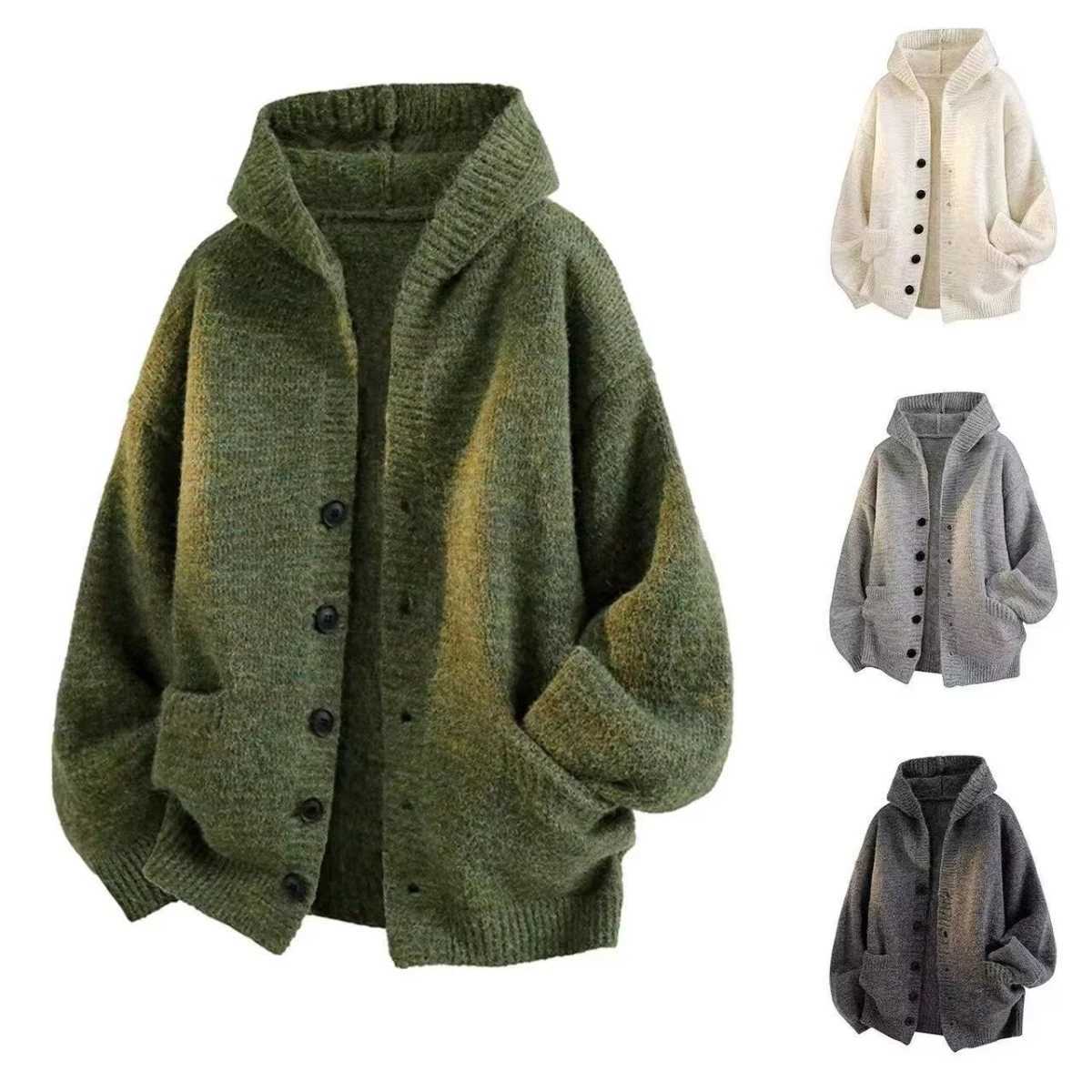 Men's Sweaters American Hooded Open Cardigan Sweater Men's Autumn Winter New Lazy Style Loose Knitted Outerwear Trendy H261026