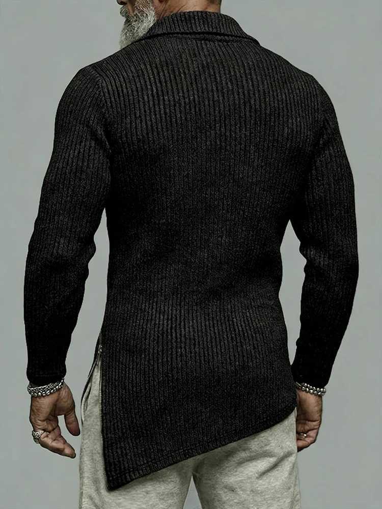 Men's Sweaters Stretch Slim Fit Knit Sweater Mens Vintage Irregular Zip-up Turn-down Collar Jumper Tops Men Spring Autumn Long sleeve Sweaters H2 - view 3