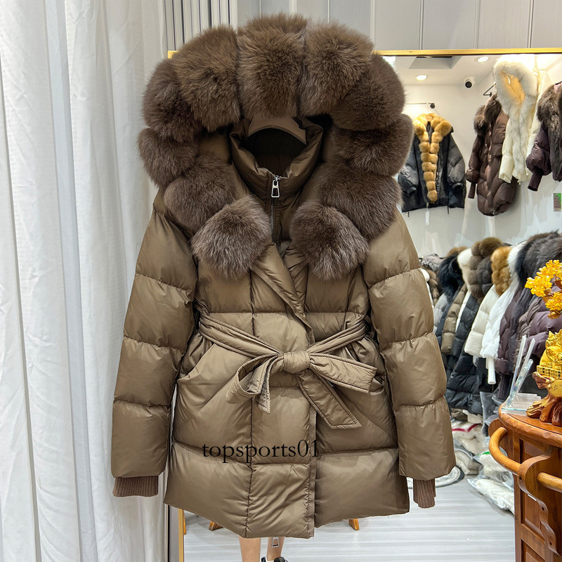 2026 Winter New Women's Mid-Length Hooded Down Jacket with Fox Fur Collar, Waist-Tie Design, Slimming and Versatile Outerwear
