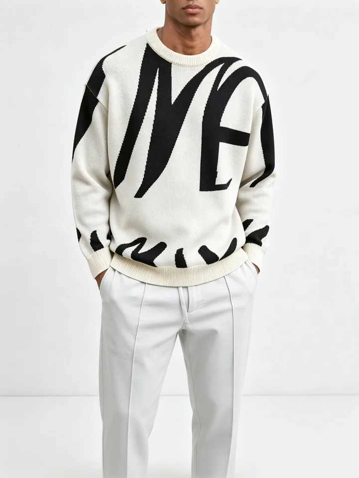 Men's Sweaters Men Crew Neck Sweater Abstract Letter Jacquard Knit Pullover Loose Drop Shoulder Long sleeve Streetwear Men Knitwear H261026 - view 3