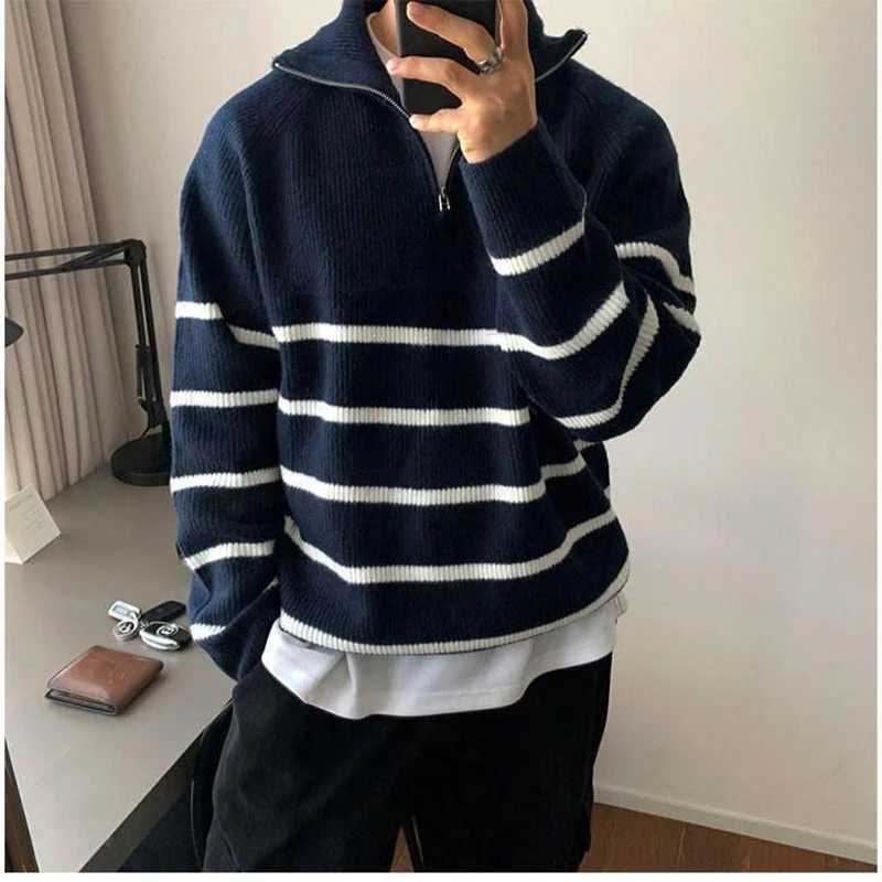 Men's Sweaters Winter Half Zipper Striped Print Men Long sleeve Stand Sweater Fashion All-match Harajuku Oversized Pullover Top Black Navy Blue H - view 5