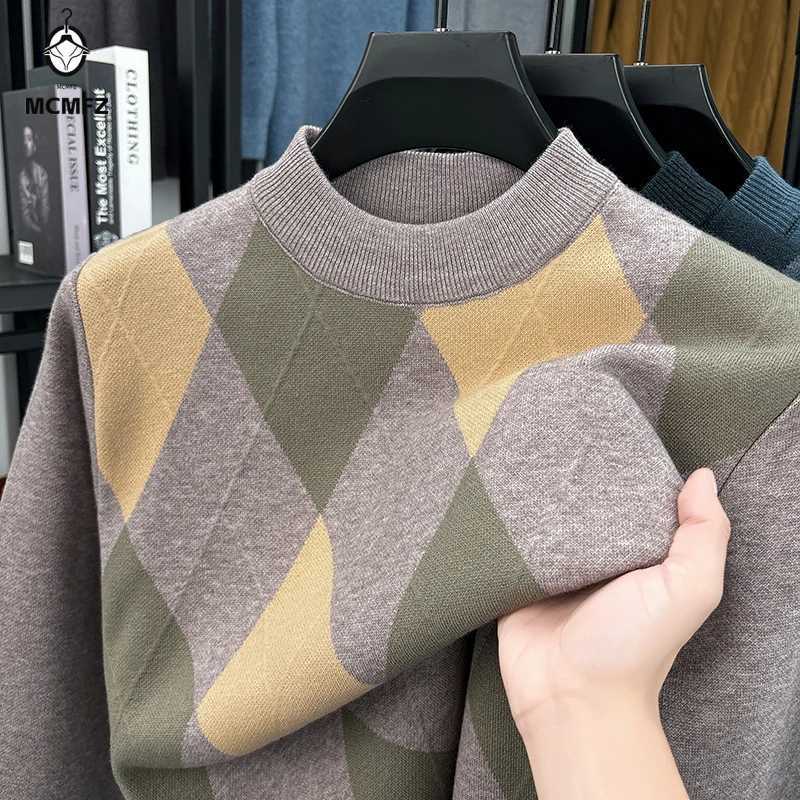 Men's Sweaters Winter Warm New Men's Plaid Half High Collar Long sleeve Sweater Knitted Sweater Fashion Casual Versatile Top H261026 - view 3