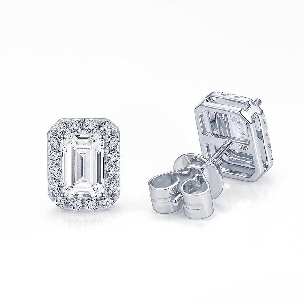 Ready to Ship MSE-907 Halo Earrings 9k White Gold 0.6ct E VS Emerald Cut Lab Grown Diamond Stud Earrings - view 1
