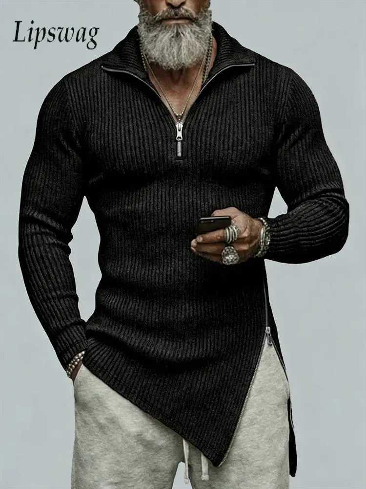 Men's Sweaters Stretch Slim Fit Knit Sweater Mens Vintage Irregular Zip-up Turn-down Collar Jumper Tops Men Spring Autumn Long sleeve Sweaters H2
