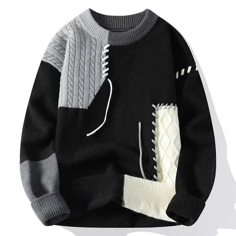 Men's Sweaters Men Knitted Jumpers Patchwork Sweater O Neck Pullovers Spliced Long sleeve Jumper Slight Strech Standard Wool 2024 Casual H261026 - view 5
