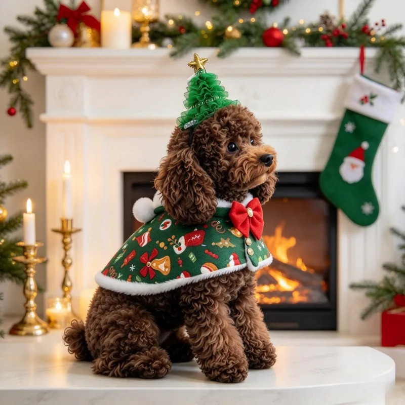 2PCS/SET Christmas Cat Dog Dress With Christmas Tree Headwear Polyester Fabric Material Green Christmas Print Fleece Headpiece 261027