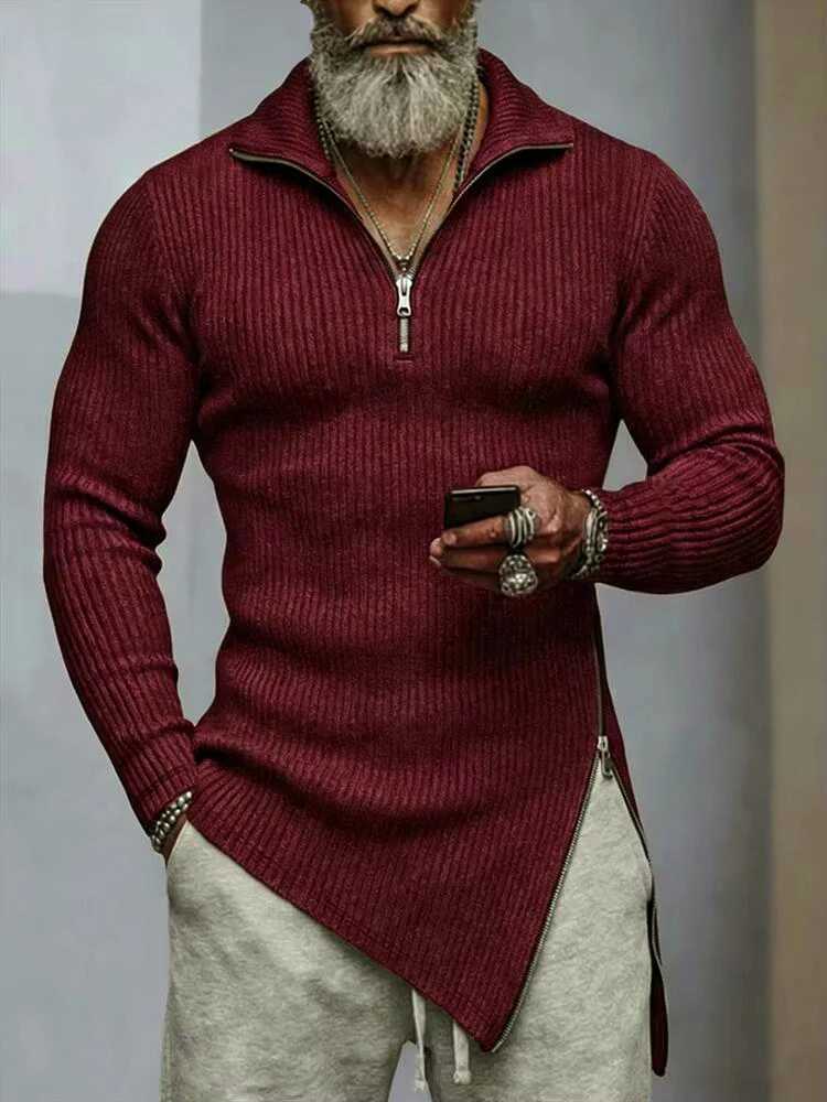 Men's Sweaters Stretch Slim Fit Knit Sweater Mens Vintage Irregular Zip-up Turn-down Collar Jumper Tops Men Spring Autumn Long sleeve Sweaters H2 - view 5