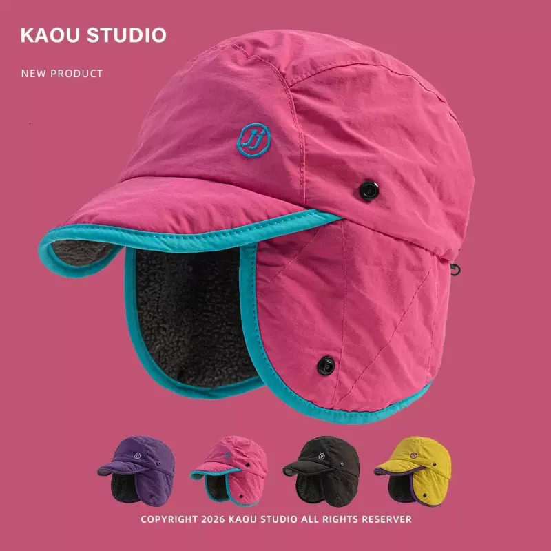 Korean Style Color Block Trapper Hat Unisex Winter Fleece Lined Earflap Cap Outdoor Windproof Bomber Hats for Skiing Hiking 261022