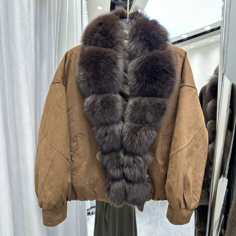 26 Winter New Style Women's Short Down Jacket with Large Real Thickened and Warm, Fox Fur Collar, Suede Parka