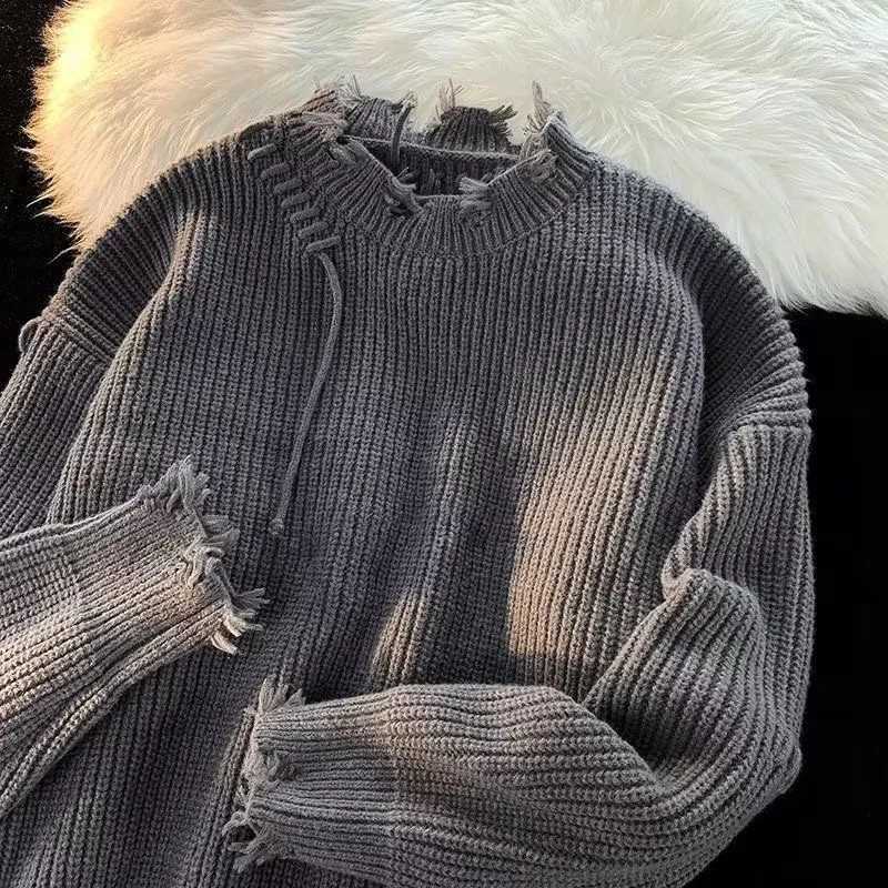Men's Sweaters Vintage Hole Tassels Sweater Men Women Autumn Long sleeves Kint Tops Fashion Loose Knitted Pullover Couples Unisex Streetwear H261 - view 7