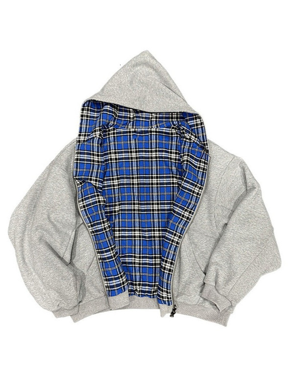 Autumn Winter New Fashion Hooded Zipper Plaid Patchwork Reversible Sweatshirt For MenMen's sports casual sweatshirt Honglu