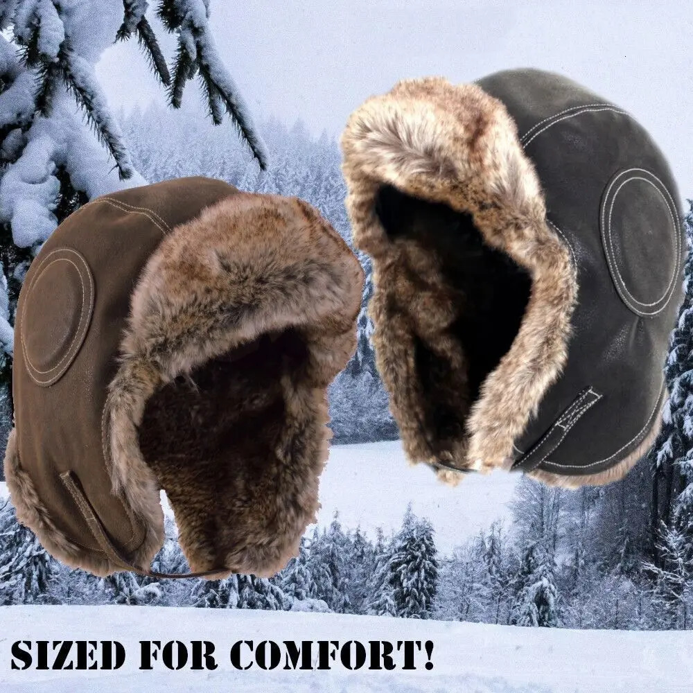 Women Men Leather Winter Trapper Hat Faux Fur Lined Ear Protection Ski Ushanka Windproof Thicken Warm Snow Cap With Flap 261022 - view 4
